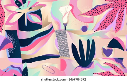 Modern exotic jungle plants illustration pattern. Creative collage contemporary floral seamless pattern. Fashionable template for design.