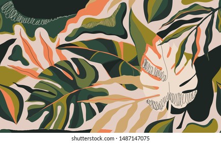 Modern exotic jungle plants illustration pattern. Creative collage contemporary floral seamless pattern. Fashionable template for design.