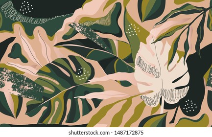 Modern exotic jungle plants illustration pattern. Creative collage contemporary floral seamless pattern. Fashionable template for design.