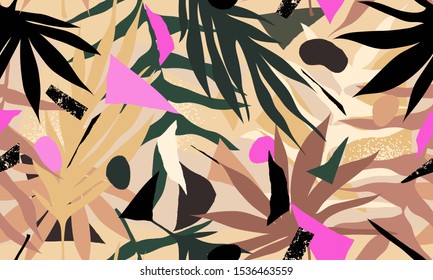 Modern exotic jungle plants illustration pattern. Creative collage contemporary floral seamless pattern. Fashionable template for design.