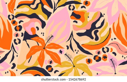 Modern exotic jungle plants illustration pattern. Creative collage contemporary floral seamless pattern. Fashionable template for design.