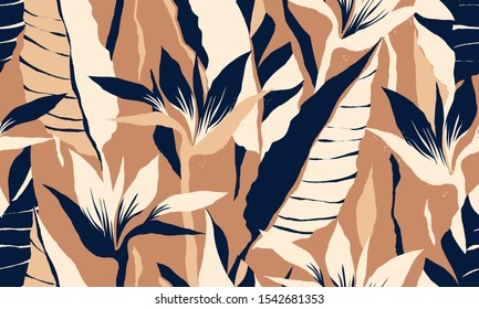 Modern exotic jungle plants illustration pattern. Creative collage contemporary floral seamless pattern. Fashionable template for design.