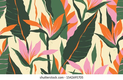 Modern exotic jungle plants illustration pattern. Creative collage contemporary floral seamless pattern. Fashionable template for design.