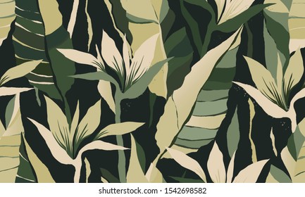 Modern exotic jungle plants illustration pattern. Creative collage contemporary floral seamless pattern. Fashionable template for design.