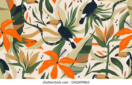 Diseño moderno de ilustraciones de plantas exóticas de selva con pájaro toscano. Collage creativo de estilo floral contemporáneo sin fisuras. Plantilla de diseño de moda.