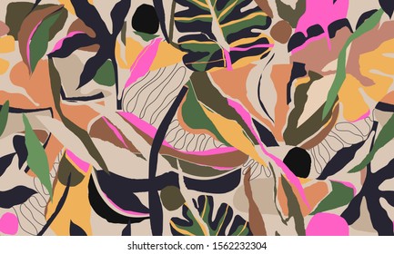 Modern exotic jungle plants illustration pattern. Creative collage contemporary floral seamless pattern. Fashionable template for design.