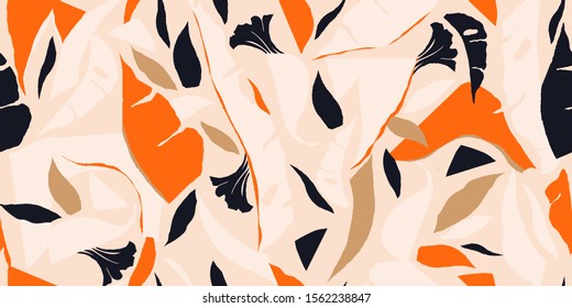 Modern exotic jungle plants illustration pattern. Creative collage contemporary floral seamless pattern. Fashionable template for design.