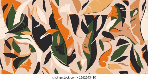 Modern exotic jungle plants illustration pattern. Creative collage contemporary floral seamless pattern. Fashionable template for design.