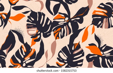 Modern exotic jungle plants illustration pattern. Creative collage contemporary floral seamless pattern. Fashionable template for design