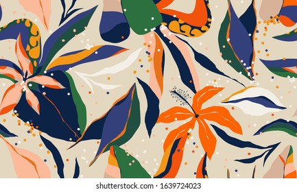 Modern exotic jungle plants illustration pattern. Creative collage contemporary floral seamless pattern. Fashionable template for design.