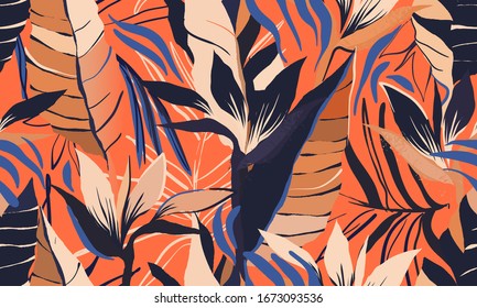 Modern exotic jungle plants illustration pattern. Creative collage contemporary floral seamless pattern. Fashionable template for design.