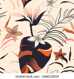Modern exotic jungle plants illustration pattern. Creative collage contemporary floral seamless pattern. Fashionable template for design.