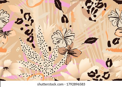 Modern exotic jungle plants illustration pattern. Creative collage contemporary floral seamless pattern. Fashionable template for design.