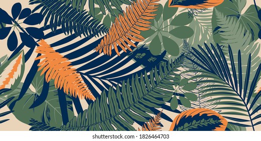 Modern exotic jungle plants illustration pattern. Creative collage contemporary floral seamless pattern. Fashionable template for design.