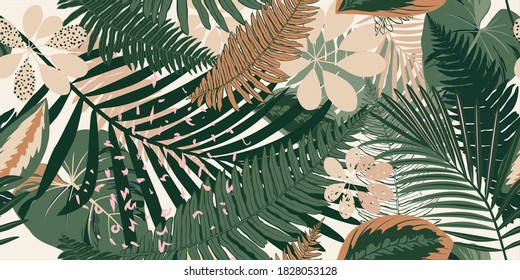 Modern exotic jungle plants illustration pattern. Creative collage contemporary floral seamless pattern. Fashionable template for design.