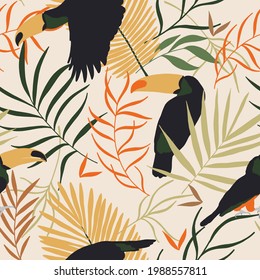 Modern exotic jungle plants illustration pattern with toucan bird. Creative collage contemporary floral seamless pattern. Summer floral textile, wallpaper design