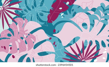 Modern exotic jungle plants illustration pattern. Creative collage contemporary floral seamless pattern. Fashionable template for design.