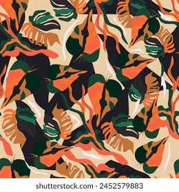 Modern exotic jungle plants illustration pattern. Creative collage contemporary floral seamless pattern. Fashionable template for design