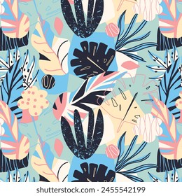 Modern exotic jungle plants illustration pattern. Creative collage contemporary floral seamless pattern