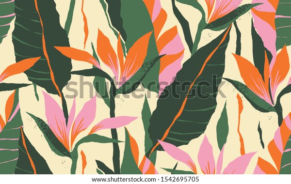 Modern exotic jungle plants illustration pattern.\
Creative collage contemporary floral seamless pattern. Fashionable\
template for design.