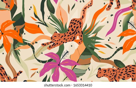 Modernas plantas exóticas de selva y leopardos, patrón de ilustración. Collage creativo de estilo floral contemporáneo sin fisuras. Plantilla de diseño de moda.