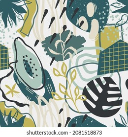 Modern exotic jungle plants seamless pattern in vector for for girls, boys, clothes. Creative background with dots, geometric figures Funny wallpaper for textile and fabric. Fashion style.