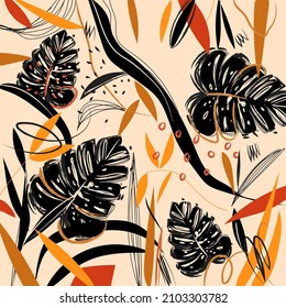 Modern exotic jungle plants vector illustration pattern. Creative collage contemporary floral seamless pattern. Fashionable template for design.