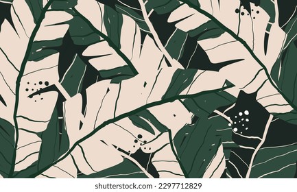 Modern exotic jungle plants vector seamless floral pattern background. Tropical banana leaves, jungle leaf. Creative collage contemporary floral seamless pattern. Fashionable template for design.