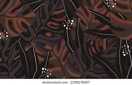 Modern exotic jungle plants vector seamless floral pattern background. Tropical palm, monstera leaves, jungle leaf. Creative collage floral seamless pattern. Fashionable template for design.