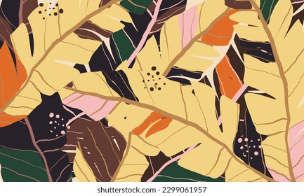 Modern exotic jungle plants vector seamless floral pattern background. Tropical palm leaves, jungle leaf. Creative collage contemporary floral seamless pattern. Fashionable template for design.