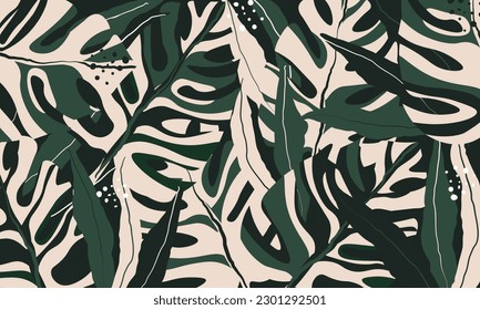 Modern exotic jungle plants vector seamless floral pattern background. Tropical palm, monstera leaves, jungle leaf. Creative collage floral seamless pattern. Fashionable template for design.