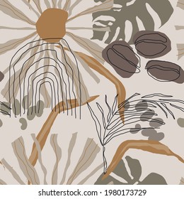 Modern exotic jungle. Various lines and shapes. Vector seamless pattern with tropical abstract. Fashionable style. Fashionable template for design. For fabric, wrapping, textile, wallpaper, apparel.