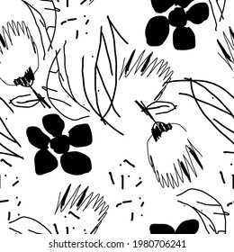 Modern exotic jungle. Various lines and shapes. Vector seamless pattern with tropical abstract. Fashionable style. Fashionable template for design. For fabric, wrapping, textile.