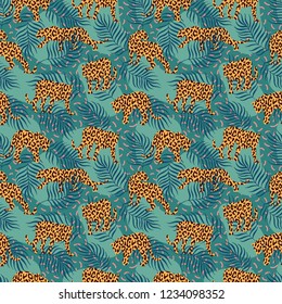 Modern exotic leopard pattern on textured background with leafs & spots. Endless vector repeat. Trendy clean illustration style.
