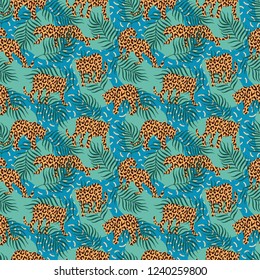 Modern exotic leopard pattern on textured background with leafs & spots. Endless vector repeat. Trendy clean illustration style.