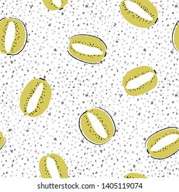 Modern exotic pattern with kiwi cut on marble. Colorful, minimalistic tropical background. Ideal for textiles, fabrics, printing, packaging