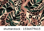 Modern exotic pattern with leopard skin. Creative collage contemporary floral seamless pattern. Fashionable template for design.