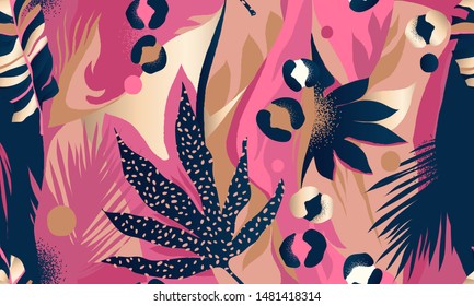 Modern exotic pattern with leopard skin. Creative collage contemporary floral seamless pattern. Fashionable template for design.