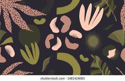 Modern exotic pattern with leopard skin. Creative collage contemporary floral seamless pattern. Fashionable template for design.