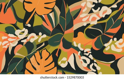 Modern exotic pattern with leopard skin. Creative collage contemporary floral seamless pattern. Fashionable template for design.