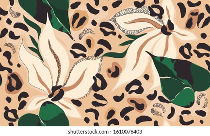 Modern exotic pattern with leopard skin. Creative collage contemporary floral seamless pattern. Fashionable template for design.