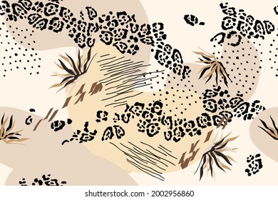 Modern exotic pattern with leopard skin. Tropical backdrop.Creative seamless pattern. Fashionable template for design.