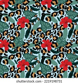 Modern exotic pattern with leopard skin. Creative collage contemporary floral seamless pattern. Fashionable template for design.