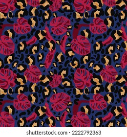 Modern exotic pattern with leopard skin. Creative collage contemporary floral seamless pattern. Fashionable template for design.