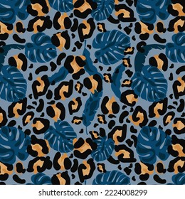Modern exotic pattern with leopard skin. Creative collage contemporary floral seamless pattern. Fashionable template for design.
