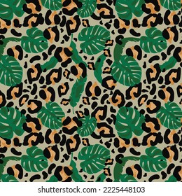 Modern exotic pattern with leopard skin. Creative collage contemporary floral pattern. Fashionable template for design.