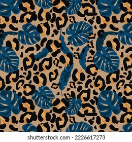 Modern exotic pattern with leopard skin. Creative collage contemporary floral pattern. Fashionable template for design.