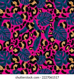 Patrón exótico moderno con piel de leopardo. Collage creativo de diseño floral contemporáneo. Plantilla de diseño de moda.