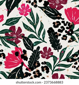 Patrón exótico moderno con piel de leopardo. Collage creativo contemporáneo floral sin costuras. Plantilla de diseño de moda.