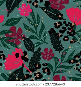 Modern exotic pattern with leopard skin. Creative collage contemporary floral seamless pattern. Fashionable template for design